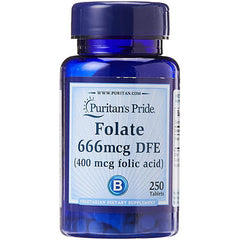 Puritan's Pride Folate 666mcg DFE (Folic Acid 400 mcg)-250 Tablets