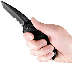 Kershaw Kuro (1835TBLKST), Pocket Knife with Partially Serrated 3.1” 8Cr13MoV Stainless Steel Blade with Black-Oxide Coating; Glass-Filled Nylon Handle; SpeedSafe Assisted Open with Flipper, 3.2 oz.