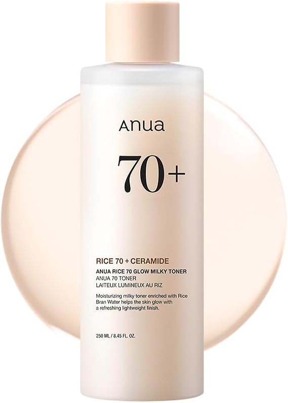 ANUA Rice 70 Glow Milky Toner, for Glass Skin, Rice Water, Niacinamide, Ceramides, Panthenol, Non comedogenic, Fungal Acne Safe, Korean Skin Care, 250ml/8.45fl.oz.