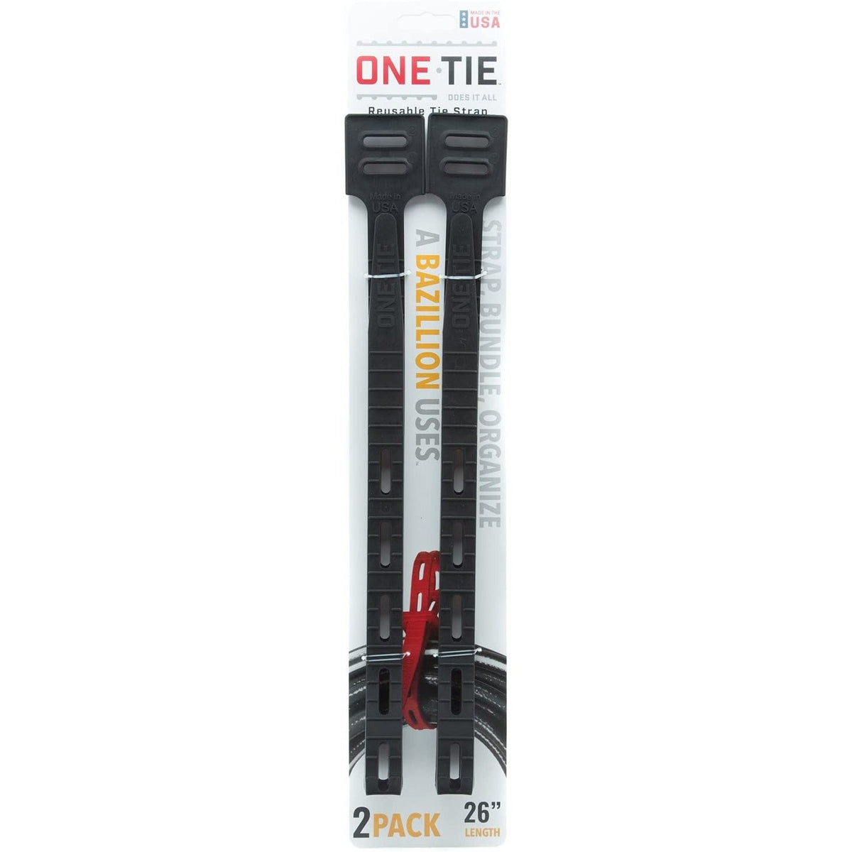 ONE TIE Reusable Tie Strap, 26 inches, 2 Pack (Black)