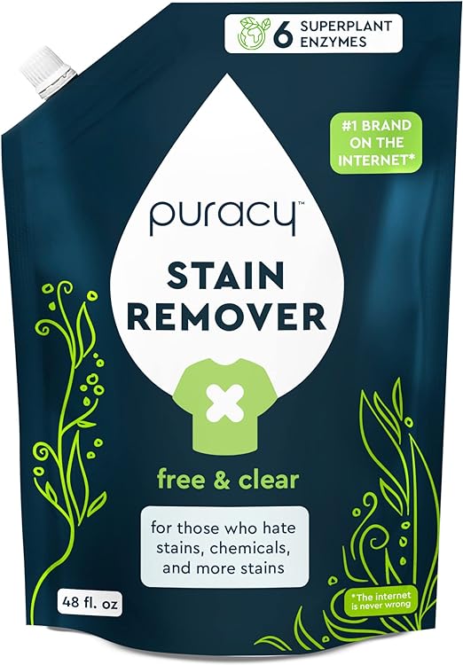 Puracy Stain Remover Cleaning Spray Refill - Enzyme-Powered Stain Remover Spray As Seen on TikTok, Natural Travel Stain Remover for Clothes (Free & Clear, 48 fl oz)